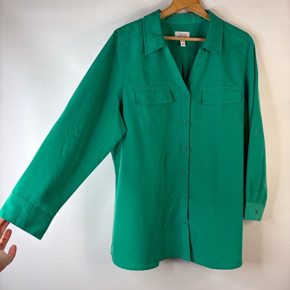 Denim & Co Button Up Tunic Women 1X Green Roll Tab Sleeve Pocket Longline - Picture 4 of 8
